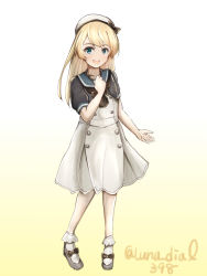 Rule 34 | 1girl, blonde hair, blue eyes, blue sailor collar, commentary request, dress, gloves, gradient background, hat, highres, jervis (kancolle), kantai collection, ld (luna dial398), long hair, looking at viewer, one-hour drawing challenge, sailor collar, sailor dress, sailor hat, solo, twitter username, white background, white dress, white gloves, white hat, yellow background