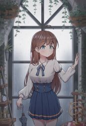 Rule 34 | 1girl, ahoge, blue eyes, blush, bow, bowtie, breasts, brown hair, buttons, chair, chami (pixiv15867443), clock, collared shirt, commentary, double-breasted, english commentary, half updo, hand on wall, highres, holding, holding umbrella, long hair, long sleeves, looking at viewer, medium breasts, original, plant, rain, shelf, shirt, skirt, smile, solo, standing, umbrella, white shirt, window