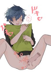 Rule 34 | 1boy, absurdres, anus, bar censor, blue hair, blush, bottomless, censored, disembodied hand, ensemble stars!, fingering, heart, highres, hugging object, open mouth, pillow, pillow hug, pon2pa, pussy, reverse newhalf, sazanami jun, short hair, simple background, spread legs, white background, yellow eyes