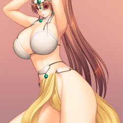 Rule 34 | 1girl, armpits, arms up, bra, breasts, brown hair, cosplay, curvy, dragon quest, dragon quest iv, fatal fury, female focus, fusion, hair ornament, huge breasts, konekonewasabii, loincloth, long hair, manya (dq4), minea (dq4), ponytail, red eyes, shiranui mai, simple background, snk, solo, square enix, standing, the king of fighters, underwear
