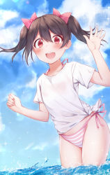Rule 34 | 10s, 1girl, :d, arm up, bikini, bikini under clothes, blue sky, blush, bow, brown hair, child, cloud, cloudy sky, collarbone, commentary request, day, hair between eyes, hair bow, highres, hitotsuki no yagi, love live!, love live! school idol project, open mouth, outdoors, pink bow, red eyes, round teeth, see-through, shirt, short sleeves, side-tie bikini bottom, sky, smile, solo, standing, striped bikini, striped clothes, swimsuit, teeth, tied shirt, twintails, upper teeth only, wading, water, wet, white shirt, yazawa nico