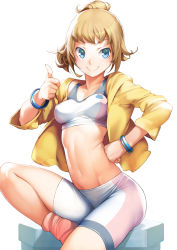 Rule 34 | 10s, 1girl, ataruman, bike shorts, blue eyes, blush, bracelet, breasts, brown hair, covered erect nipples, gundam, gundam build fighters, gundam build fighters try, highres, hoshino fumina, jacket, jewelry, looking at viewer, midriff, navel, ponytail, scrunchie, short hair, sitting, small breasts, smile, solo, sports bra, thumbs up, toned