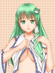 Rule 34 | 1girl, bad id, bad pixiv id, breasts, detached sleeves, female focus, frog hair ornament, green eyes, green hair, hair ornament, highres, kochiya sanae, large breasts, lips, long hair, looking at viewer, matching hair/eyes, open clothes, open shirt, shirt, solo, touhou, underboob, upper body, wide sleeves, x&amp;x&amp;x