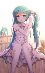Rule 34 | 1girl, adjusting hair, aqua eyes, aqua hair, blush, byakuya reki, character doll, elbow gloves, expressionless, gloves, hatsune miku, lens flare, long hair, looking at viewer, md5 mismatch, mouth hold, resolution mismatch, ribbon, ribbon in mouth, sitting, solo, source smaller, spring onion, stuffed animal, stuffed toy, teddy bear, thighhighs, twintails, very long hair, vocaloid