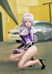 Rule 34 | 1girl, alternate costume, amibazh, black footwear, bodysuit, bow, braid, breasts, building, car, closed mouth, commentary request, day, foreshortening, full body, green bow, hair bow, hair ribbon, high heels, itasha, izayoi sakuya, large breasts, light blush, lips, long sleeves, looking at viewer, maid headdress, motor vehicle, outdoors, power lines, purple bodysuit, purple eyes, ribbon, scarf, short hair with long locks, side braids, silver hair, solo, squatting, touhou, tress ribbon, twin braids, white headwear, white scarf