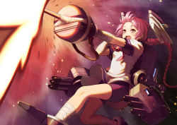 Rule 34 | 1girl, bandaged arm, bandaged leg, bandages, bike shorts, black shorts, braid, breasts, brown eyes, cannon, dress, firing, forehead, glowing, headgear, highres, kantai collection, long hair, looking away, machinery, nenohi (kancolle), open mouth, outstretched arm, pink hair, sailor collar, sailor dress, short shorts, short sleeves, shorts, shorts under dress, single braid, small breasts, solo, tantaka, teeth, torpedo, torpedo tubes, upper teeth only, very long hair, white dress
