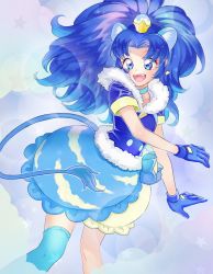 Rule 34 | 10s, 1girl, :d, absurdres, animal ears, blue background, blue eyes, blue gloves, blue hair, blue neckwear, blue shirt, blue skirt, blue theme, blue thighhighs, choker, cowboy shot, cure gelato, extra ears, gloves, highres, kirakira precure a la mode, layered skirt, lion ears, lion tail, long hair, magical girl, open mouth, parted bangs, precure, shirt, single thighhigh, skirt, smile, softko (mimikaburi), solo, tail, tategami aoi, thighhighs, white skirt