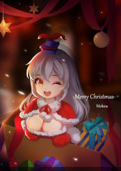 Rule 34 | 1girl, ;d, box, breasts, capelet, cardboard box, christmas, christmas ornaments, cleavage, fur gloves, fur trim, gift, gift box, gloves, hair between eyes, hat, in box, in container, kamishirasawa keine, long hair, medium breasts, merry christmas, one eye closed, open mouth, red gloves, red ribbon, ribbon, santa costume, santa hat, silver hair, smile, solo, touhou