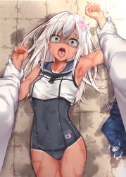 Rule 34 | 1girl, absurdres, armpits, black one-piece swimsuit, blonde hair, blue eyes, blue sailor collar, commentary request, constricted pupils, flower, gloves, hair between eyes, hair flower, hair ornament, highres, jack dempa, kantai collection, long hair, long sleeves, one-piece swimsuit, one-piece tan, open mouth, pink flower, ro-500 (kancolle), sailor collar, sailor shirt, school swimsuit, shaded face, shirt, sleeveless, sleeveless shirt, solo focus, swimsuit, tan, tanline, white gloves