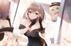 1girl adjusting_earrings alternate_costume black_dress black_gloves black_hair breasts brown_eyes brown_hair cleavage closed_mouth collarbone commentary dress earrings elbow_gloves elphe friend_(nanashi_mumei) gloves gold_necklace highres hololive hololive_english indoors jewelry medium_breasts multicolored_hair nanashi_mumei necklace off-shoulder_dress off_shoulder reflection short_hair streaked_hair virtual_youtuber white_hair