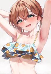 Rule 34 | 1girl, armpits, arms up, bikini, blush, breasts, brown hair, collarbone, floral print, frilled bikini, frills, hair between eyes, hair ornament, highres, hinoshita kaho, link! like! love live!, looking at viewer, love live!, love live! hasu no sora jogakuin school idol club, medium breasts, nasuno (nasuno42), presenting armpit, simple background, smile, solo, steaming body, sweat, swimsuit, twintails, upper body, white background
