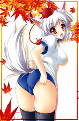 Rule 34 | 1girl, adjusting clothes, adjusting panties, alternate costume, animal ears, ass, blush, breasts, buruma, butt crack, embarrassed, female focus, gym uniform, hat, inubashiri momiji, kamiya tomoe, leaf, maple leaf, open mouth, panties, red eyes, short hair, silver hair, solo, tail, thighhighs, tokin hat, torn clothes, touhou, trefoil, underwear, wolf ears, wolf tail