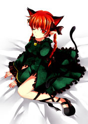 Rule 34 | 1girl, ;/, animal ears, bell, black bow, bow, braid, cat ears, cat tail, closed mouth, dress, earrings, extra ears, fingernails, floral print, frilled dress, frills, full body, green dress, hair bow, highres, jewelry, jingle bell, juliet sleeves, kaenbyou rin, katsuko (tohyarei), long sleeves, looking at viewer, multiple tails, nail polish, pointy ears, puffy sleeves, red eyes, red hair, red nails, sharp fingernails, skull earrings, solo, tail, touhou, twin braids, two tails