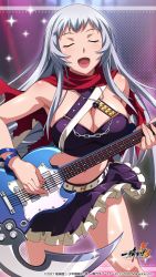 Rule 34 | 1girl, :d, bracelet, breasts, capelet, chouun shiryuu, cleavage, closed eyes, crop top, facing viewer, floating hair, grey hair, highres, holding, holding instrument, instrument, jewelry, large breasts, layered skirt, long hair, miniskirt, multicolored clothes, multicolored skirt, music, navel, open mouth, playing instrument, pleated skirt, purple skirt, red capelet, skirt, smile, solo, sparkle, standing, straight hair, torn capelet, torn clothes, very long hair, white skirt