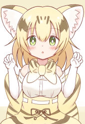Rule 34 | 1girl, :o, animal ear fluff, animal ears, bare shoulders, black hair, blonde hair, blush, bow, breasts, brown background, cat ears, claw pose, commentary request, elbow gloves, gloves, green eyes, hair between eyes, hands up, high-waist skirt, highres, kemono friends, long hair, looking at viewer, medium breasts, multicolored hair, parted lips, partial commentary, sand cat (kemono friends), shirt, skirt, sleeveless, sleeveless shirt, solo, sunanuko (ramuneko), two-tone background, two-tone hair, white background, white gloves, white shirt, yellow bow, yellow skirt