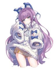 Rule 34 | 1girl, absurdres, ahoge, animal ears, azur lane, bad id, bad pixiv id, blue bow, blue eyes, bow, brown dress, coat, commentary request, cropped legs, dress, fake animal ears, fur-trimmed coat, fur trim, hands up, head tilt, highres, kitere, long hair, long sleeves, looking at viewer, purple hair, rabbit ears, signature, simple background, sleeves past fingers, sleeves past wrists, solo, sweater, sweater dress, tashkent (azur lane), white background, white coat