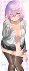 Rule 34 | 1girl, absurdres, adjusting hair, black-framed eyewear, blush, breasts, brown pantyhose, cleavage, closed mouth, clothes pull, coat, collarbone, eyes visible through hair, fate/grand order, fate (series), glasses, grey sleeves, hair between eyes, hair over one eye, hand in own hair, highres, jacket, leaning forward, lips, long sleeves, looking at viewer, mash kyrielight, medium breasts, naked coat, open clothes, open jacket, pantyhose, pantyhose pull, pink hair, purple eyes, rushian, shiny clothes, shiny legwear, shiny skin, short hair, smile, solo, standing, undressing, white jacket