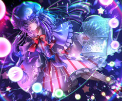 Rule 34 | 1girl, book, bow, capelet, chromatic aberration, crescent, crescent hat ornament, danmaku, dress, full moon, hat, hat ornament, light smile, long hair, long sleeves, looking at viewer, magic, magic circle, moon, open book, patchouli knowledge, purple eyes, purple hair, red bow, ribbon, solo, touhou, zukapin