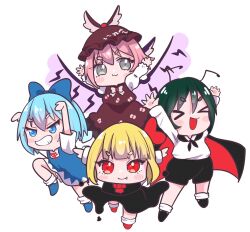 Rule 34 | &gt;:), &gt; &lt;, 4girls, :3, antennae, arms behind back, arms up, black cape, black dress, black footwear, black shorts, blonde hair, blue bow, blue dress, blue eyes, blue footwear, blue hair, blunt ends, bow, bowtie, brown dress, cape, character request, chibi, chibi only, choppy bangs, cirno, closed eyes, closed mouth, collared shirt, commentary request, dress, fang, green hair, grey eyes, hair between eyes, hair bow, highres, knee up, light blue hair, light blush, long sleeves, looking at viewer, looking to the side, loose socks, multiple girls, open mouth, pinafore dress, pink bow, pink bowtie, pink hair, pppppks, puffy sleeves, red bow, red bowtie, red cape, red eyes, red footwear, red ribbon, ribbon, shirt, shirt tucked in, short eyebrows, short hair, short sleeves, shorts, sleeveless, sleeveless dress, socks, teeth, touhou, two-sided cape, two-sided fabric, v-shaped eyebrows, white background, white sleeves, white socks, white undershirt, wings