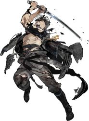 Rule 34 | 10s, 1boy, abs, akira (kaned fools), armor, black hair, doudanuki masakuni, full body, japanese armor, japanese clothes, katana, male focus, muscular, official art, open mouth, pants, personification, scar, shoulder armor, sode, solo, sword, torn clothes, torn pants, touken ranbu, transparent background, weapon, yellow eyes