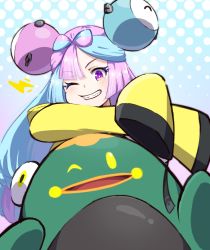 Rule 34 | 1girl, bellibolt, blue background, blue hair, blush, bright pupils, character hair ornament, commentary request, creatures (company), game freak, grin, hair ornament, highres, hyoe (hachiechi), iono (pokemon), jacket, long hair, nintendo, one eye closed, pokemon, pokemon (creature), pokemon sv, purple eyes, purple hair, sleeves past fingers, sleeves past wrists, smile, teeth, yellow jacket