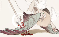Rule 34 | 1girl, absurdres, bird, blonde hair, blood, covering face, feathered wings, green eyes, grey feathers, grey wings, highres, looking at viewer, nail polish, original, polearm, shadow, shirt, short hair, short sleeves, solo, spear, toktin zq, upside-down, weapon, white nails, white shirt, wings
