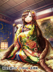 Rule 34 | 1girl, architecture, bird, blanket, brown hair, doll, east asian architecture, floral print, full body, gold trim, green eyes, hair ornament, holding, holding doll, indoors, japanese clothes, kimono, long hair, official art, parted bangs, sengoku taisen, sitting, solo, sunset, very long hair, watermark, wide sleeves