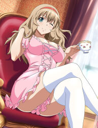 Rule 34 | 1girl, ;), alternate costume, blue eyes, breasts, cleavage, closed mouth, crossed legs, cup, dress, hairband, holding, holding cup, ikkitousen, indoors, large breasts, light brown hair, long hair, looking at viewer, one eye closed, pink dress, red hairband, short dress, sitting, smile, solo, sonken chuubou, teacup, thighhighs, white thighhighs, zettai ryouiki