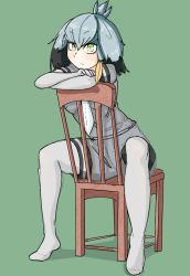Rule 34 | 10s, 1girl, aqua background, bird wings, black hair, blonde hair, bodystocking, chair, crossed arms, green eyes, grey hair, head wings, kemono friends, layered sleeves, long sleeves, multicolored hair, necktie, no shoes, pantyhose, shirt, shoebill (kemono friends), short hair, short over long sleeves, short sleeves, shorts, shumazarashi, sitting, sitting backwards, solo, t-shirt, teal background, uniform, wings