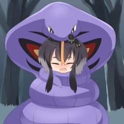 Rule 34 | 1girl, arbok, black hair, blush, closed eyes, commentary request, constriction, creatures (company), forest, game freak, gen 1 pokemon, grass, highres, kantai collection, lets0020, nature, nintendo, open mouth, pokemon, pokemon (creature), short hair with long locks, tokitsukaze (kancolle), tree, upper body