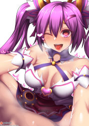 Rule 34 | 1girl, aisha landar, arm garter, bare shoulders, blush, breasts, cleavage, dimension witch (elsword), elsword, fi-san, hair ornament, heart, heart-shaped pupils, highres, long hair, looking at viewer, magical girl, medium breasts, one eye closed, open mouth, pov, purple eyes, purple hair, saliva, sweat, symbol-shaped pupils, twintails, white background