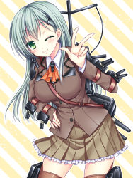 Rule 34 | 10s, 1girl, asazuki kanai, breasts, green eyes, green hair, hair ornament, hairclip, highres, kantai collection, large breasts, long hair, looking at viewer, matching hair/eyes, one eye closed, personification, school uniform, skirt, smile, solo, striped, striped background, suzuya (kancolle), thighhighs, wink, zettai ryouiki