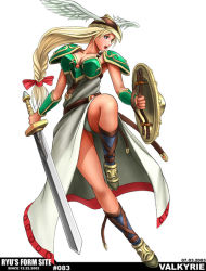 Rule 34 | 00s, 1girl, 2003, armor, armored dress, blonde hair, bow, character name, green armor, hair bow, hat, helmet, long hair, ryu (ryu&#039;s form site), shield, solo, sword, valkyrie, valkyrie (vnd), valkyrie no densetsu, weapon, white background, winged helmet