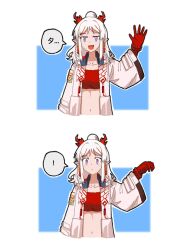 Rule 34 | !, 1girl, :d, arknights, braid, chinese commentary, chinese text, closed mouth, collarbone, commentary request, cropped shirt, dragon girl, dragon horns, fang, gloves, half updo, hand up, highres, horns, jacket, long sleeves, medium hair, multicolored hair, navel, nian (arknights), open clothes, open jacket, open mouth, pointy ears, purple eyes, red gloves, red hair, red shirt, shirt, smile, speech bubble, spoken exclamation mark, streaked hair, translated, twin braids, waving, white hair, white jacket, wide sleeves, yu kaoxiang