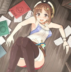Rule 34 | 1girl, atelier (series), atelier ryza, atelier ryza 1, belt, blush, breasts, brown eyes, brown hair, cleavage, commentary request, hair ornament, hairclip, hat, highres, jewelry, kayama kenji, looking at viewer, lying, necklace, on back, open mouth, red shorts, reisalin stout, short hair, short shorts, shorts, solo, star (symbol), thighhighs, white hat