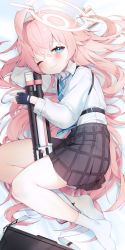 Rule 34 | 1girl, absurdres, ahoge, black skirt, blue archive, blue eyes, blue gloves, blue necktie, blush, closed mouth, collared shirt, fingerless gloves, gloves, gun, halo, highres, hoshino (blue archive), long hair, looking at viewer, lying, necktie, hugging object, on side, one eye closed, pink hair, plaid, plaid skirt, pleated skirt, sen light, shirt, shotgun, skirt, smile, socks, solo, suitcase, very long hair, weapon, white shirt, white socks