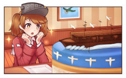 Rule 34 | + +, 1girl, blush, border, brown eyes, brown hair, cake, eyebrows, food, highres, historical name connection, indoors, jacy, kantai collection, looking away, name connection, open mouth, outside border, plate, portrait (object), ryuujou (aircraft carrier), ryuujou (kancolle), short hair, short twintails, smile, solo, sparkle, tearing up, twintails, visor cap, white border