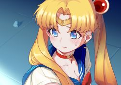 Rule 34 | 1girl, absurdres, bishoujo senshi sailor moon, blonde hair, blue eyes, blue sailor collar, breasts, choker, circlet, cleavage, collarbone, commentary, crescent, crescent earrings, derivative work, earrings, hair over shoulder, heart, heart choker, highres, jewelry, large breasts, long hair, meme, parted bangs, red choker, sailor collar, sailor moon, sailor moon redraw challenge (meme), sailor senshi uniform, short sleeves, solo, tsukino usagi, twintails, upper body, waxgroud