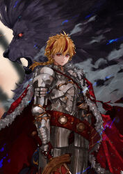 1boy ahoge armor blonde_hair braid braided_ponytail cape fate/grand_order fate/strange_fake fate_(series) fur-trimmed_cape fur_trim highres holding holding_weapon knight lion long_hair looking_at_viewer male_focus multicolored_hair neko_no_kedama red_cape red_eyes red_hair richard_i_(fate) side_cape single_braid solo_focus streaked_hair sword weapon