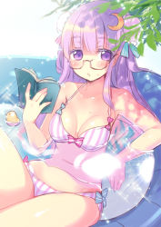 Rule 34 | 1girl, alternate costume, bespectacled, bikini, book, breasts, bun cover, cleavage, crescent, crescent hair ornament, double bun, glasses, hair bun, hair ornament, large breasts, long hair, looking at viewer, minamura haruki, moon, open book, partially submerged, patchouli knowledge, purple eyes, purple hair, reading, reclining, rubber duck, sketch, solo, sparkle, striped bikini, striped clothes, swimsuit, touhou, vertical-striped bikini, vertical-striped clothes, wading pool, water