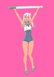 Rule 34 | 1girl, armpits, arms up, black neckerchief, blonde hair, blue eyes, blue one-piece swimsuit, blue sailor collar, crop top, flower, full body, hair flower, hair ornament, highres, kantai collection, looking at viewer, neckerchief, one-piece swimsuit, one-piece tan, pink background, ro-500 (kancolle), sailor collar, school swimsuit, simple background, solo, standing, swimsuit, swimsuit under clothes, tan, tanline, torpedo, yuuji (and)