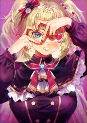 Rule 34 | 1girl, absurdres, akai haato, akai haato (gothic lolita), ascot, black dress, blonde hair, blue eyes, blush, bow, dress, eyepatch, gothic lolita, hair between eyes, hair bow, hair ornament, heart, heart eyepatch, heart hair ornament, heart hands, heart hands over eye, highres, hololive, kuroi suna, lolita fashion, long hair, long sleeves, looking at viewer, nail polish, official alternate costume, red bow, red nails, smile, solo, two side up, upper body, virtual youtuber, white ascot