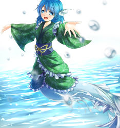 Rule 34 | 1girl, animal ears, asa (ces6ces8), blue eyes, blue hair, blush, fins, head fins, japanese clothes, kimono, long sleeves, matching hair/eyes, mermaid, monster girl, obi, open mouth, sash, short hair, smile, solo, touhou, wakasagihime, wide sleeves