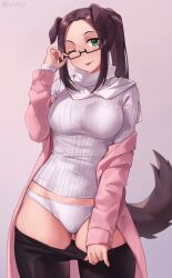 Rule 34 | 1girl, ;p, animal ears, artist name, breasts, brown-framed eyewear, brown hair, clothes pull, commentary, commission, cowboy shot, dog ears, dog girl, dog tail, english commentary, green eyes, highres, iwbitu, jacket, large breasts, long hair, long sleeves, looking at viewer, off shoulder, one eye closed, original, panties, pantyhose, pantyhose pull, pink background, pink jacket, pulled by self, rectangular eyewear, ribbed shirt, scarf, semi-rimless eyewear, shirt, sidelocks, simple background, smile, solo, tail, tongue, tongue out, twitter username, under-rim eyewear, underwear, white panties, white scarf, white shirt