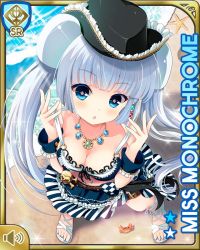 Rule 34 | 1girl, bikini, blue bikini, blue eyes, blunt bangs, card, character name, costume, day, girlfriend (kari), hat, miss monochrome, miss monochrome (character), official art, open mouth, outdoors, pirate, qp:flapper, sandals, skull and crossbones, solo, surprised, swimsuit, tagme, twintails, white hair
