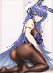 Rule 34 | 1girl, absurdres, animal ears, artist request, ass, azur lane, bare shoulders, blush, breasts, come hither, covered collarbone, detached collar, from behind, grey background, hair between eyes, highres, huge ass, kneeling, large breasts, leotard, long hair, looking at viewer, naughty face, new jersey (azur lane), new jersey (exhilarating steps!) (azur lane), official alternate costume, pantyhose, playboy bunny, purple eyes, purple hair, rabbit ears, rabbit tail, shiny clothes, shiny skin, sideboob, smile, solo, very long hair
