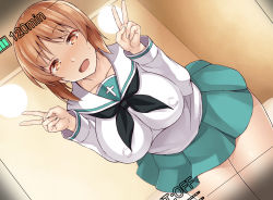 Rule 34 | 1girl, :d, black neckerchief, blouse, breasts, brown eyes, brown hair, commentary request, covered erect nipples, double v, dutch angle, girls und panzer, green skirt, highres, indoors, inset, large breasts, legs, long sleeves, looking back, nakamura yukitoshi, neckerchief, nishizumi miho, ooarai school uniform, open mouth, panties, pleated skirt, school uniform, screen, serafuku, shirt, short hair, skirt, smile, solo, standing, underwear, v, video camera, viewfinder, white panties, white shirt