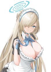 Rule 34 | 1girl, absurdres, apron, asuna (blue archive), between breasts, black dress, blonde hair, blue archive, blue bow, blue bowtie, blue choker, blue eyes, bow, bowtie, braid, breasts, choker, dress, frilled apron, frills, hair over one eye, halo, highres, large breasts, long hair, maid, maid apron, maid headdress, solo, xinsaki