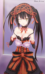 Rule 34 | 10s, 1girl, ;), absurdres, bad id, bare shoulders, black hair, bra, breasts, choker, cleavage, clock, clock eyes, collar, collarbone, copyright name, date a live, detached collar, detached sleeves, dress, female focus, highres, holding, holding bra, holding clothes, holding underwear, lolita fashion, long hair, looking at viewer, medium breasts, no bra, off shoulder, one eye closed, purple bra, red ribbon, ribbon, seedkeng, sleeveless, sleeveless dress, smile, solo, standing, strap slip, symbol-shaped pupils, tokisaki kurumi, tsurime, twintails, underwear, uneven twintails, wink, yellow eyes