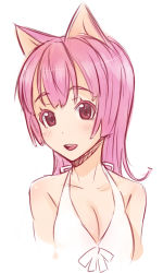Rule 34 | 1girl, :d, animal ears, blush, breasts, cleavage, ha-ru, halterneck, open mouth, pink eyes, pink hair, simple background, smile, solo, upper body